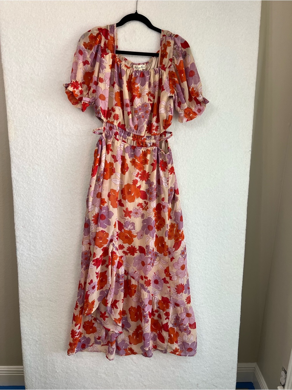 Indigo Rose Floral Puff-Sleeve Midi Dress with Cute Waste-line cutouts